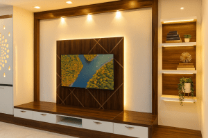 Modern living room with TV display